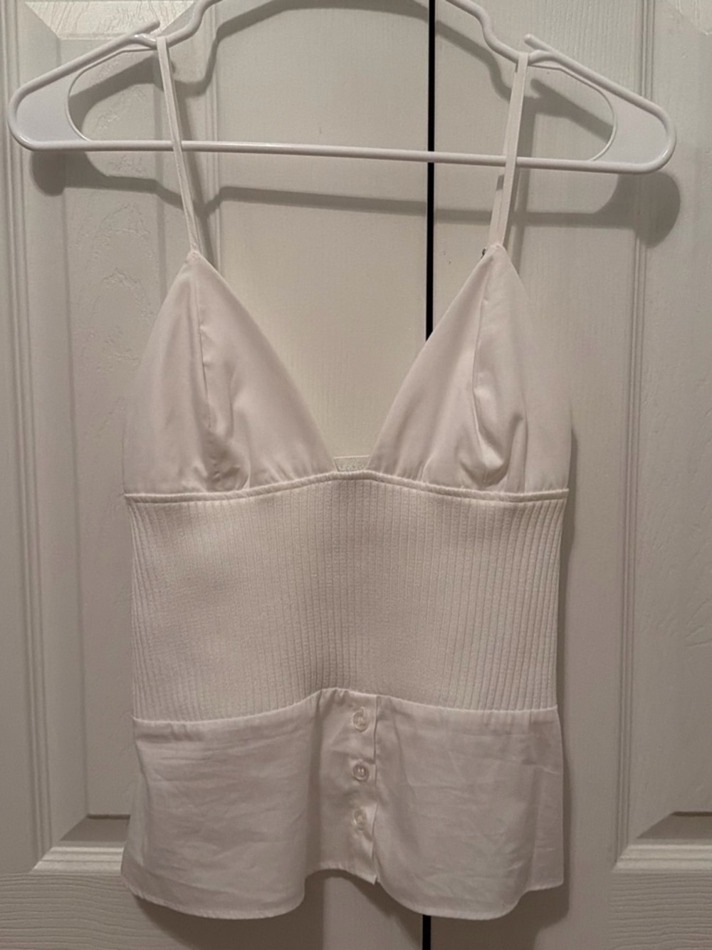 Zara White Ribbed Knit & Satin-Style Cami Tank